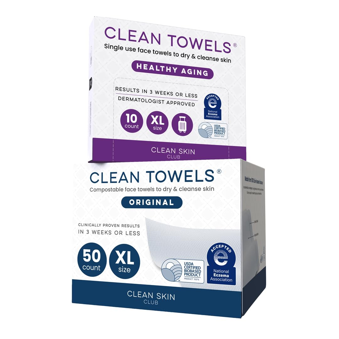 Clean Skin Club Clean Towels XL®, 100% USDA Biobased Face Towel, Disposable Face Towelette, Eczema Association Accepted, Makeup Remover Dry Wipes, Ultra Soft, 1 Pack, 50 Ct