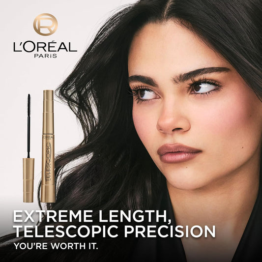 L'Oreal Paris - Máscara de alargamiento de pestañas, maquillaje telescópico original, con cepillo de doble precisión para separar pestañas, lavable, negro más negro, 0.27 onzas líquidas, paquete de 1