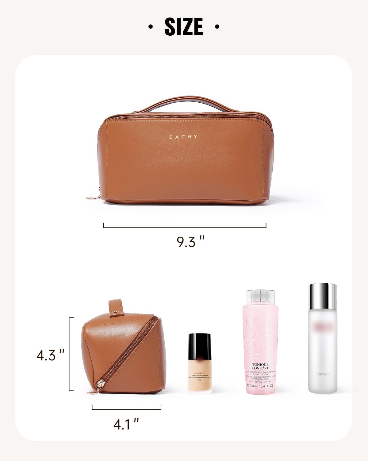 EACHY Travel Makeup Bag for Women, PU Leather Cosmetic Bag, Brown, Medium