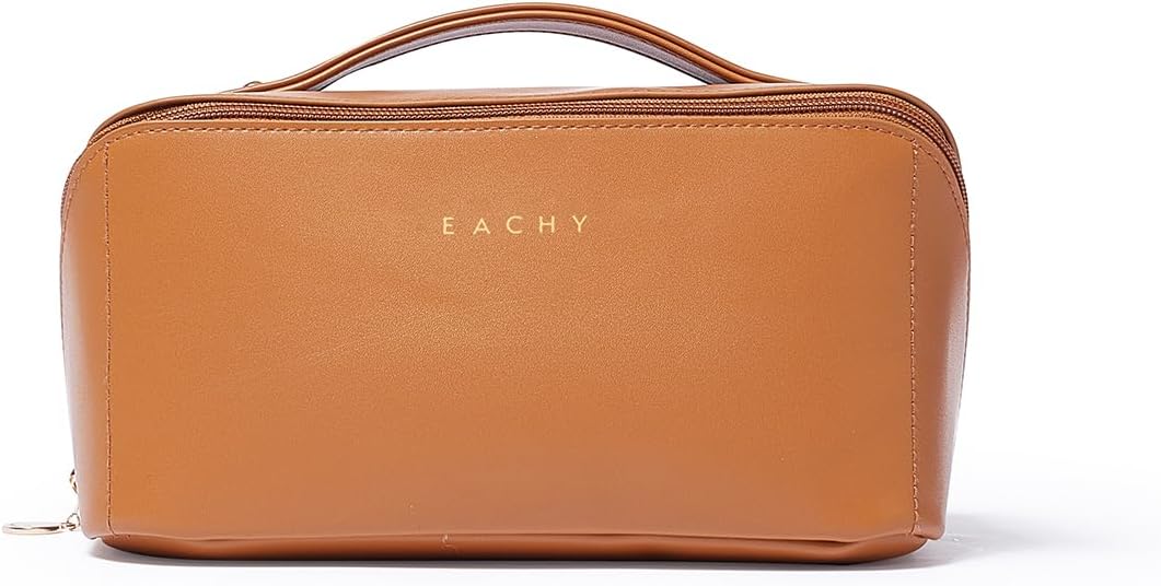 EACHY Travel Makeup Bag for Women, PU Leather Cosmetic Bag, Brown, Medium