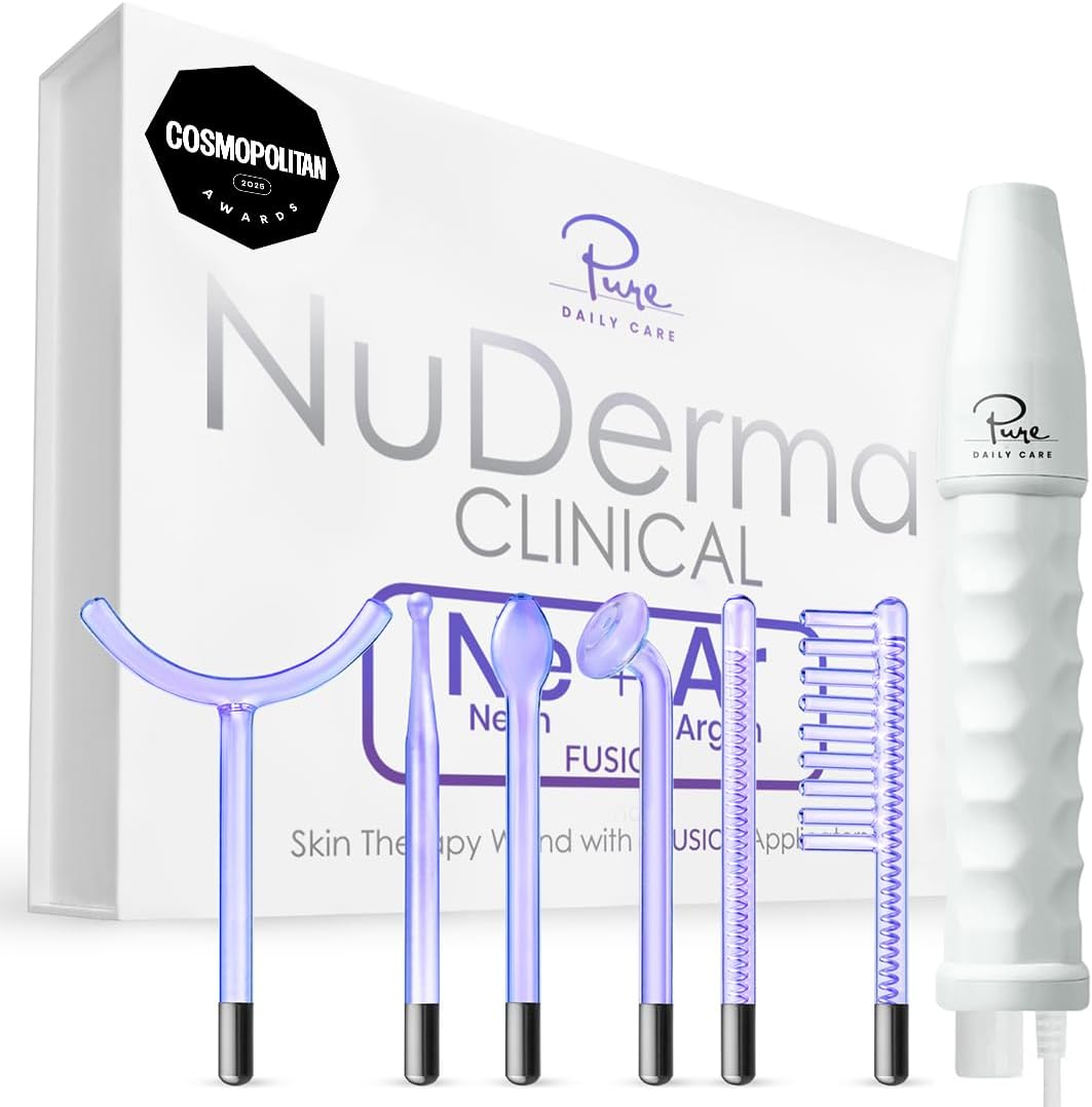 Pure Daily Care NuDerma Clinical Portable Skin Therapy Wand, Machine with 6 Fusion Neon + Argon Wands – Anti Aging - Clarifying - Skin Tightening & Radiance - Wrinkle Reducing