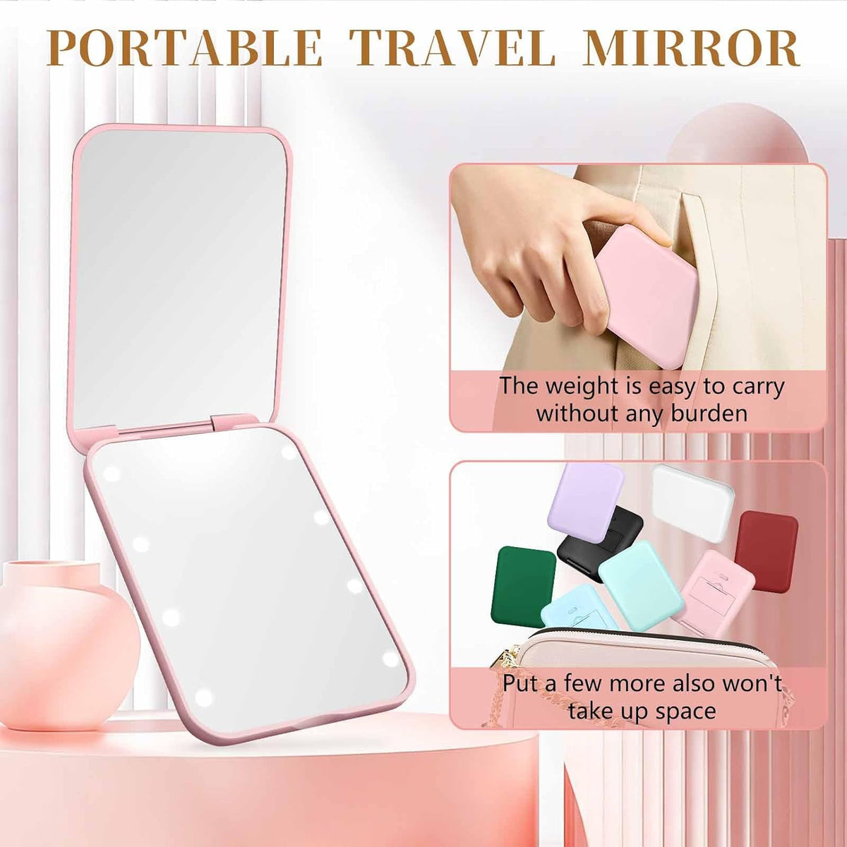 Compact Mirror with Light, 1X/3X Magnification LED Pocket Mirror for Women