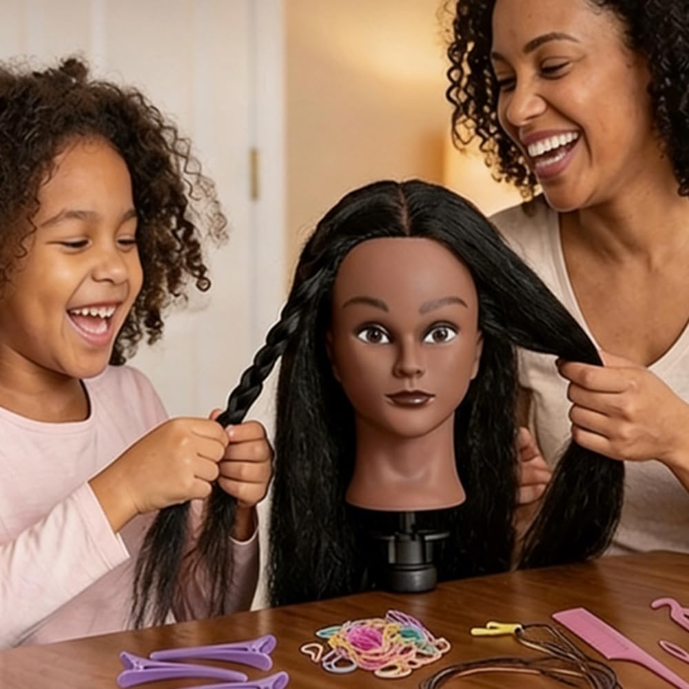 100% Real Hair Mannequin Head Training Head Manikin Cosmetology Doll Head for Hairdresser Practice Braiding Hair Styling with Clamp stand (16 -Inch)