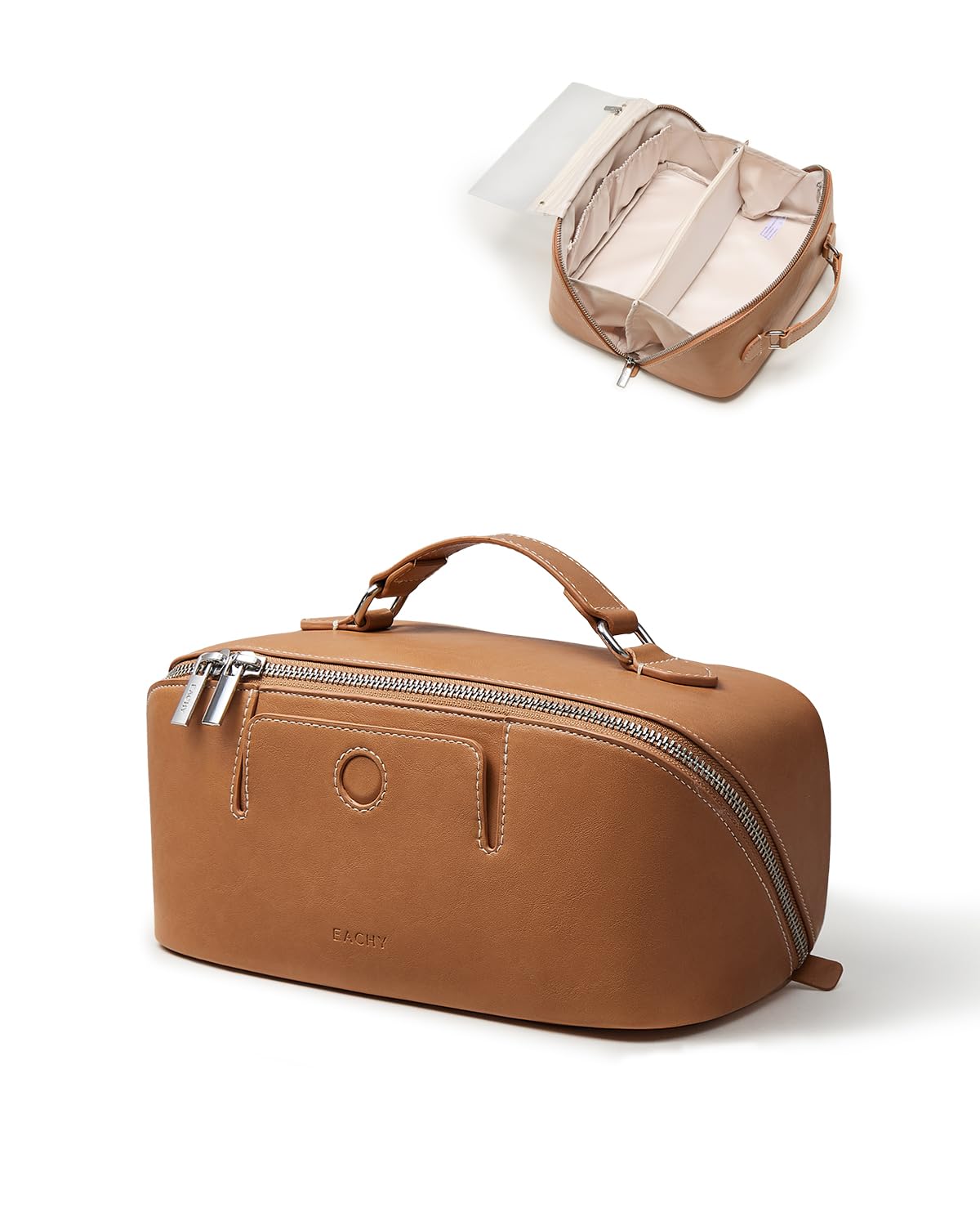 EACHY Travel Makeup Bag for Women, PU Leather Cosmetic Bag, Brown, Medium