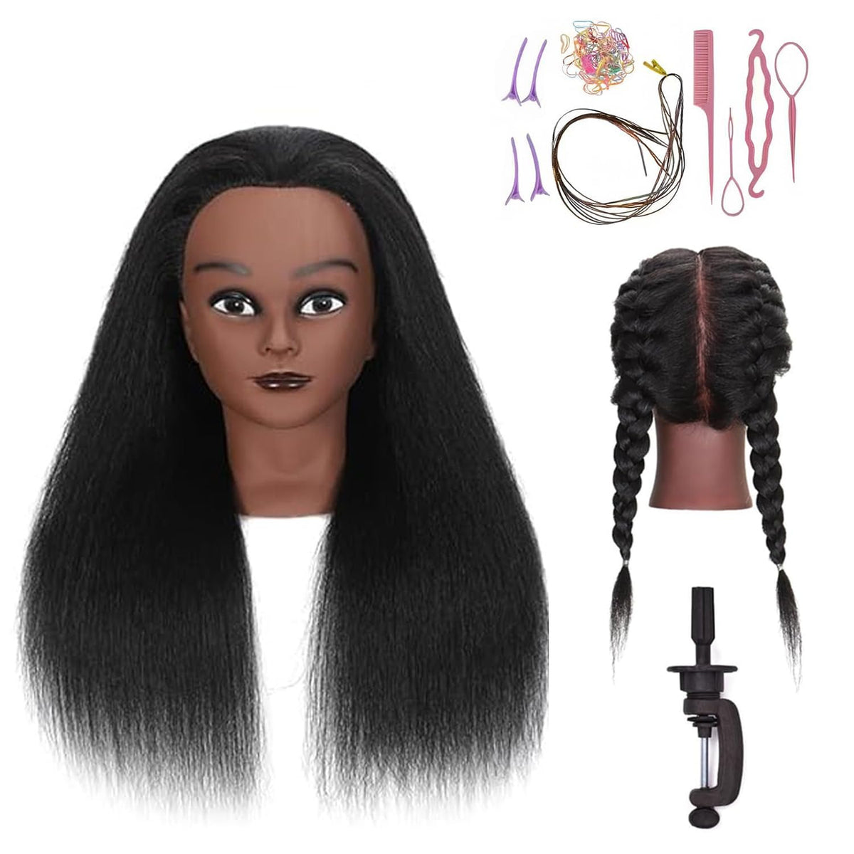 100% Real Hair Mannequin Head Training Head Manikin Cosmetology Doll Head for Hairdresser Practice Braiding Hair Styling with Clamp stand (16 -Inch)