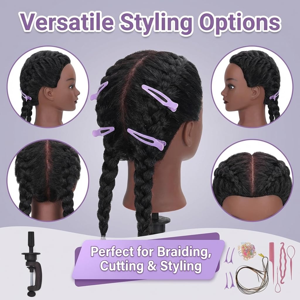 100% Real Hair Mannequin Head Training Head Manikin Cosmetology Doll Head for Hairdresser Practice Braiding Hair Styling with Clamp stand (16 -Inch)