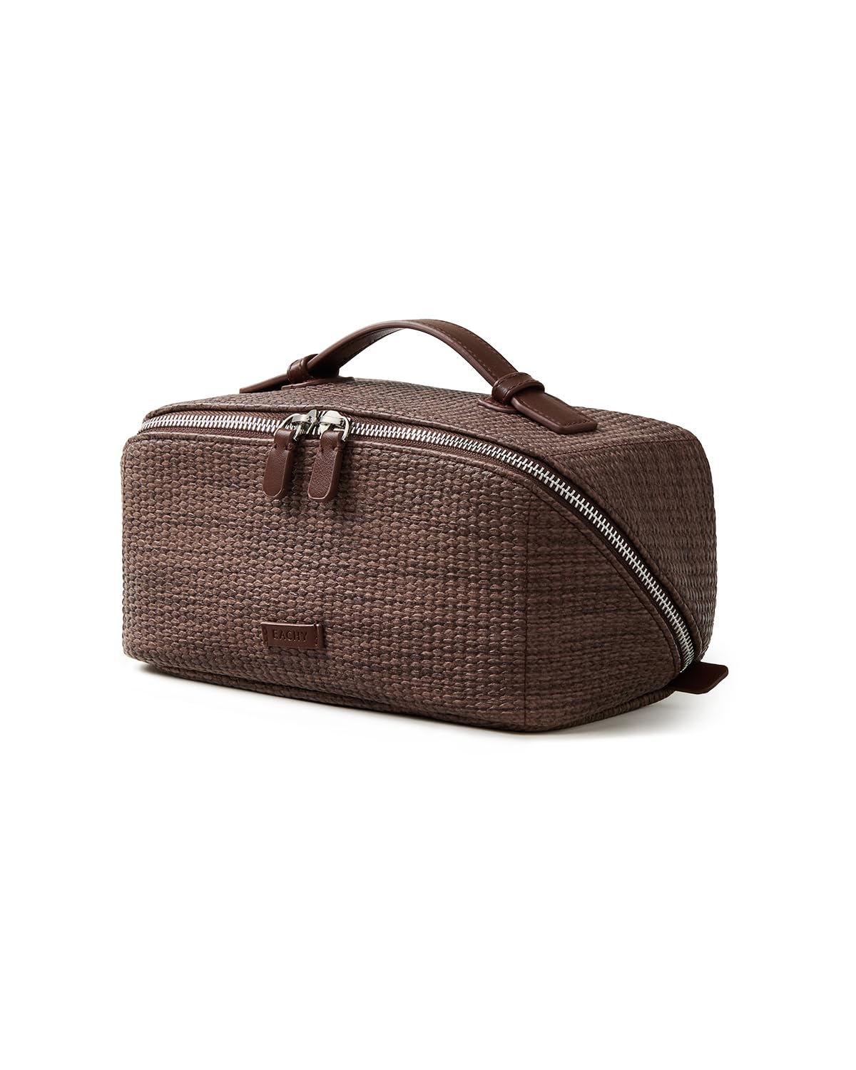 EACHY Travel Makeup Bag for Women, PU Leather Cosmetic Bag, Brown, Medium