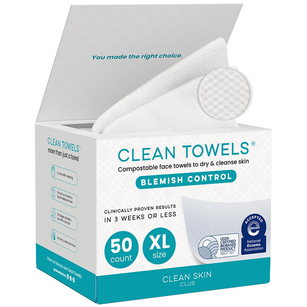 Clean Skin Club Clean Towels XL®, 100% USDA Biobased Face Towel, Disposable Face Towelette, Eczema Association Accepted, Makeup Remover Dry Wipes, Ultra Soft, 1 Pack, 50 Ct