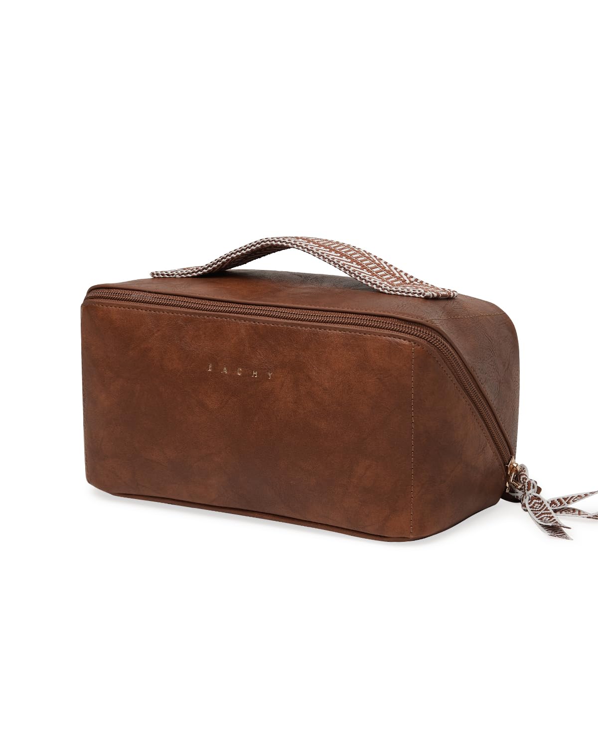 EACHY Travel Makeup Bag for Women, PU Leather Cosmetic Bag, Brown, Medium