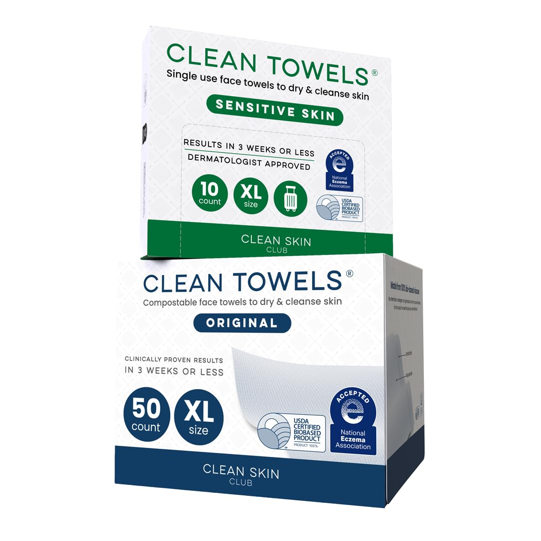 Clean Skin Club Clean Towels XL®, 100% USDA Biobased Face Towel, Disposable Face Towelette, Eczema Association Accepted, Makeup Remover Dry Wipes, Ultra Soft, 1 Pack, 50 Ct