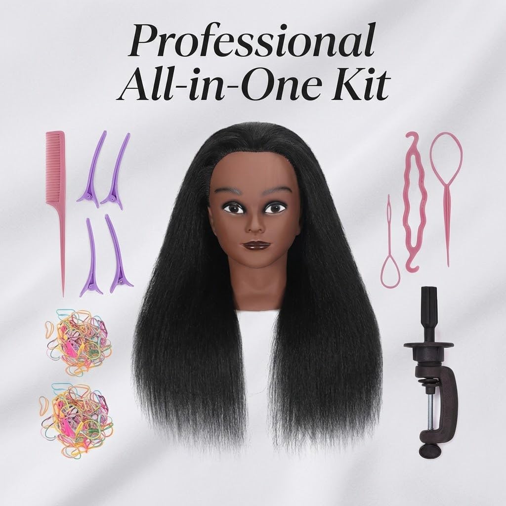 100% Real Hair Mannequin Head Training Head Manikin Cosmetology Doll Head for Hairdresser Practice Braiding Hair Styling with Clamp stand (16 -Inch)