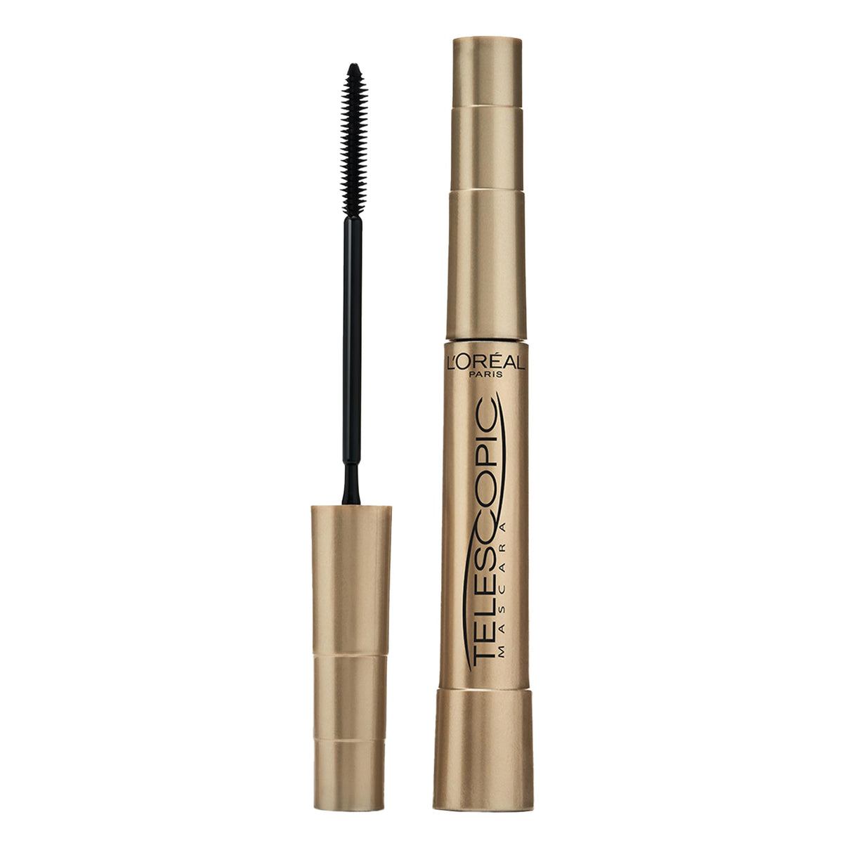 L'Oreal Paris - Máscara de alargamiento de pestañas, maquillaje telescópico original, con cepillo de doble precisión para separar pestañas, lavable, negro más negro, 0.27 onzas líquidas, paquete de 1