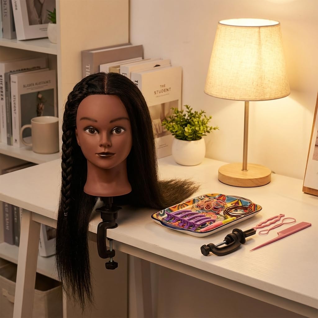 100% Real Hair Mannequin Head Training Head Manikin Cosmetology Doll Head for Hairdresser Practice Braiding Hair Styling with Clamp stand (16 -Inch)