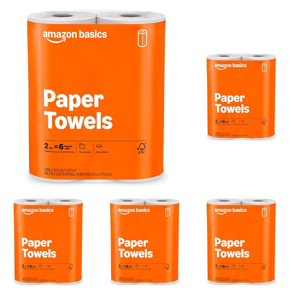 Amazon Basics 2-Ply Flex-Sheets Paper Towels, 12 Basics Rolls = 40 Regular Rolls, Everyday Value with 150 Sheets per Roll, Packaging May Vary