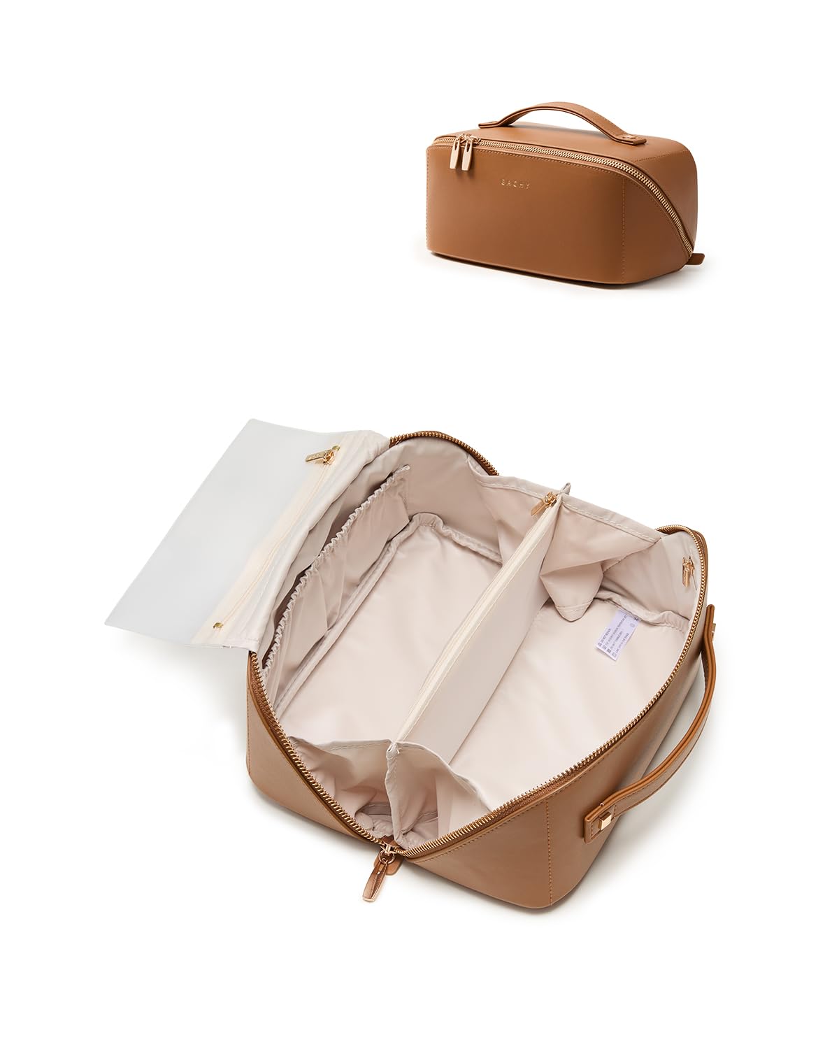 EACHY Travel Makeup Bag for Women, PU Leather Cosmetic Bag, Brown, Medium
