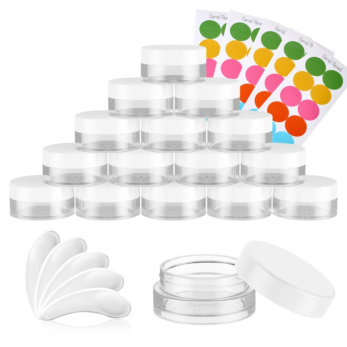 4 OZ Plastic Jars with Black Lids 50 Pack Round Clear Cosmetic Container, Eternal Moment Slime Jars for Lotion, Cream, Ointments, Makeup, Eye shadow, Rhinestone, Samples, Pot, Travel Storage