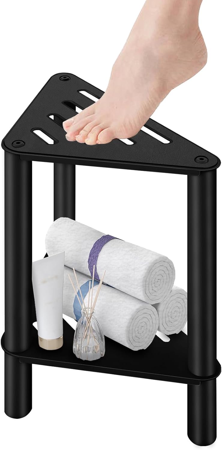 VOTZAAQ Shower Foot Rest, Shower Stool for Inside Shower, Stainless Steel Waterproof Shower Stool for Shaving Legs - Corner Bathroom Bench Seat with Storage Shelf for Small Shower Spaces