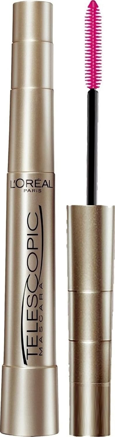L'Oreal Paris - Máscara de alargamiento de pestañas, maquillaje telescópico original, con cepillo de doble precisión para separar pestañas, lavable, negro más negro, 0.27 onzas líquidas, paquete de 1