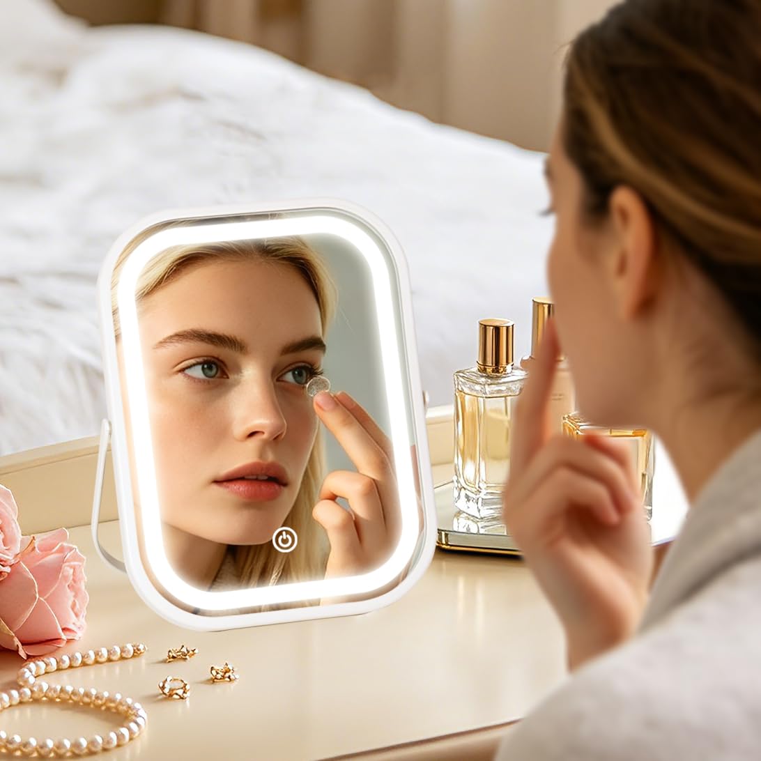 YEKKOPT Travel Makeup Mirror with Lights, Portable Small Beauty LED Vanity Mirror with Lights, 1200mAh Battery, Dimmable Touch Screen, Tabletop Folding Compact Mirror,Women Gift