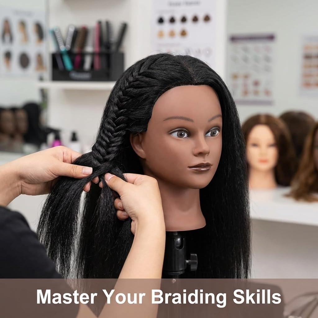 100% Real Hair Mannequin Head Training Head Manikin Cosmetology Doll Head for Hairdresser Practice Braiding Hair Styling with Clamp stand (16 -Inch)
