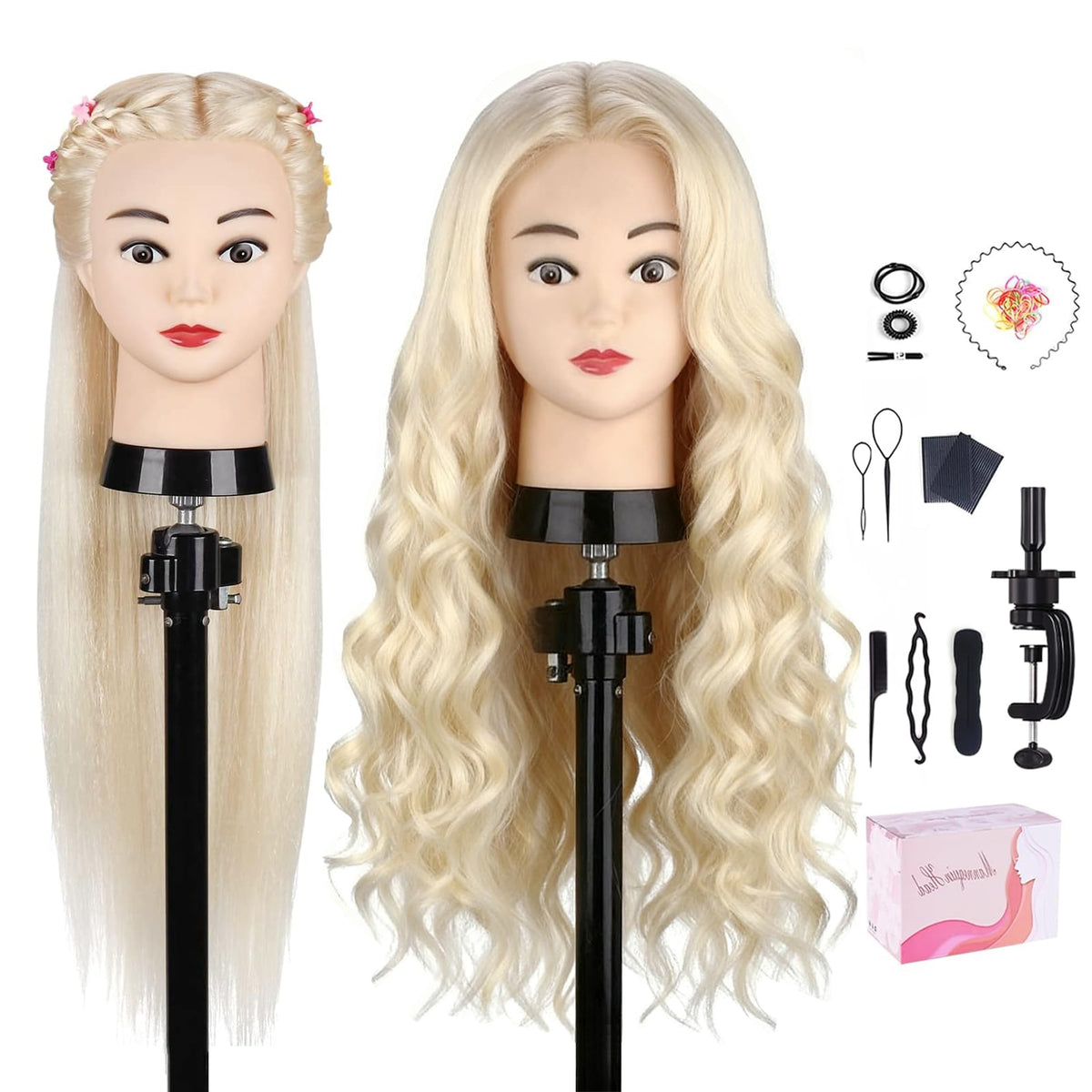 Mannequin Head with 100% Human Hair, TopDirect Real Hair Cosmetology Mannequin Head Hair Styling Hairdressing Practice Training Doll Head with Clamp Holder and Tools (Dark Brown)