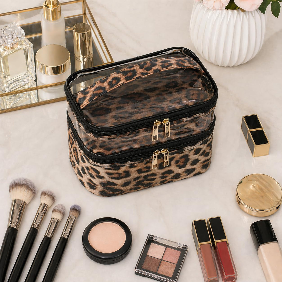 Double-layer Cosmetic Bag Makeup Bag Travel Makeup Bag Makeup Bags for Women Cosmetics Cases Portable Waterproof Foldable (Leopard)