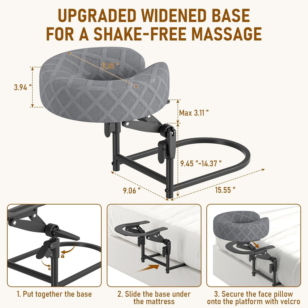 Massage Headrest for Bed, Adjustable Massage Face Cradle at Home, Portable Massage Table Kit for Sleeping Mattress, Height Adjustable up to 19 in, Face Down Pillow After Eye Surgery, Gray