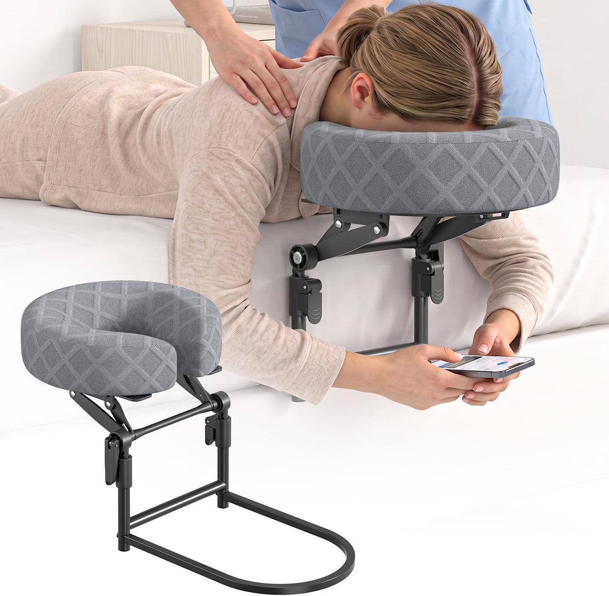 Massage Headrest for Bed, Adjustable Massage Face Cradle at Home, Portable Massage Table Kit for Sleeping Mattress, Height Adjustable up to 19 in, Face Down Pillow After Eye Surgery, Gray