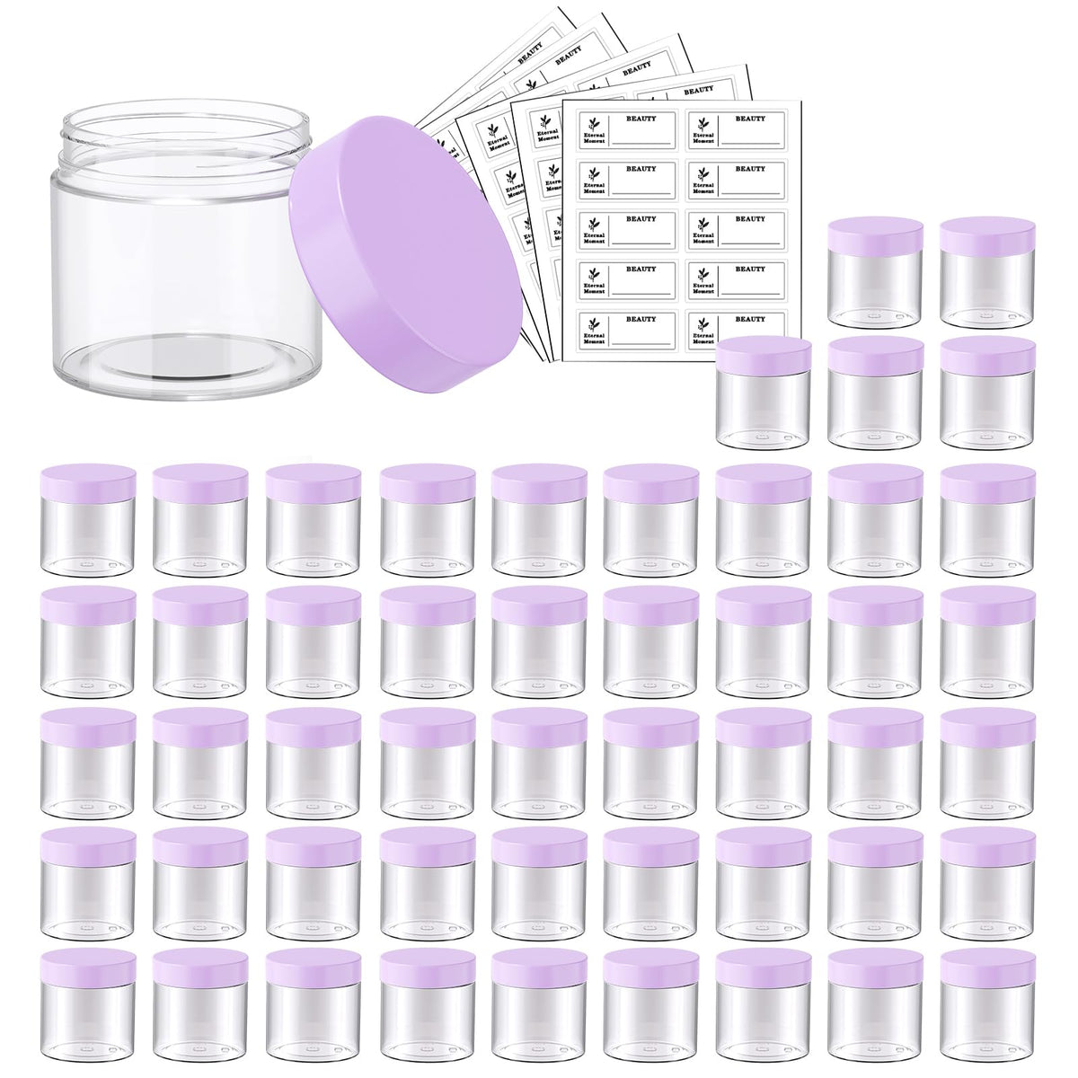 4 OZ Plastic Jars with Black Lids 50 Pack Round Clear Cosmetic Container, Eternal Moment Slime Jars for Lotion, Cream, Ointments, Makeup, Eye shadow, Rhinestone, Samples, Pot, Travel Storage