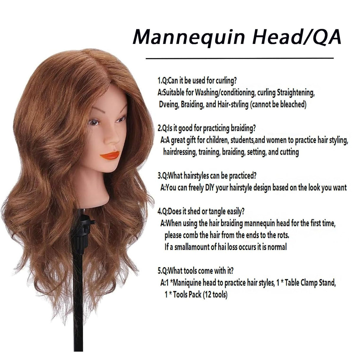 Mannequin Head with 100% Human Hair, TopDirect Real Hair Cosmetology Mannequin Head Hair Styling Hairdressing Practice Training Doll Head with Clamp Holder and Tools (Dark Brown)