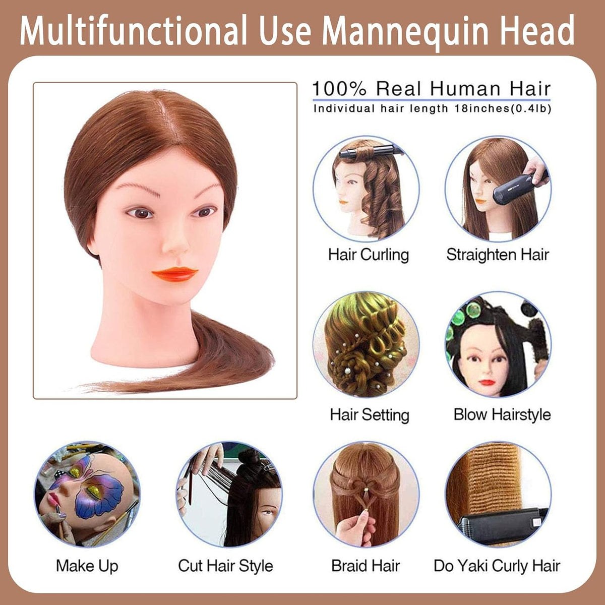 Mannequin Head with 100% Human Hair, TopDirect Real Hair Cosmetology Mannequin Head Hair Styling Hairdressing Practice Training Doll Head with Clamp Holder and Tools (Dark Brown)