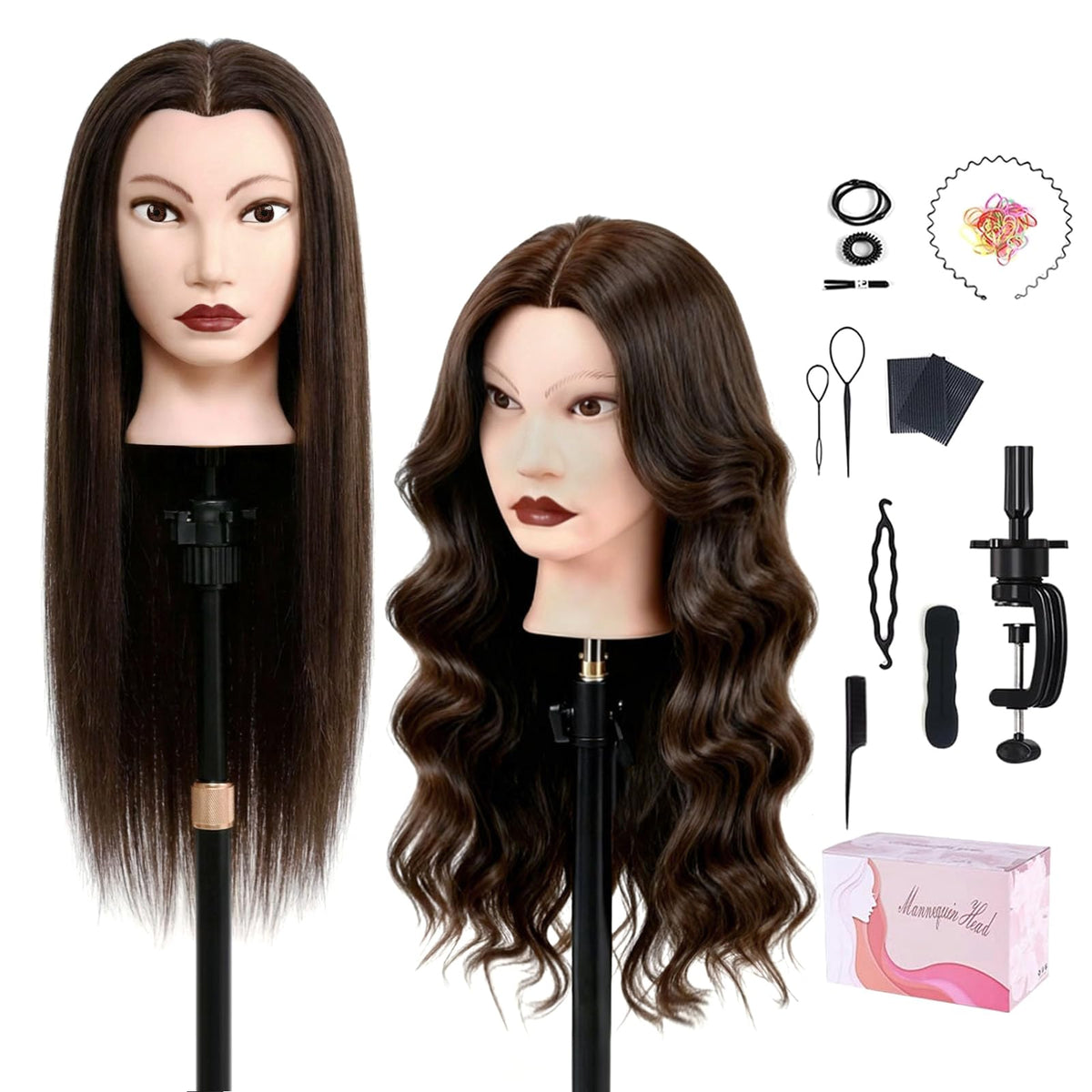 Mannequin Head with 100% Human Hair, TopDirect Real Hair Cosmetology Mannequin Head Hair Styling Hairdressing Practice Training Doll Head with Clamp Holder and Tools (Dark Brown)