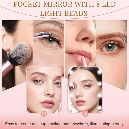 Compact Mirror with Light, 1X/3X Magnification LED Pocket Mirror for Women