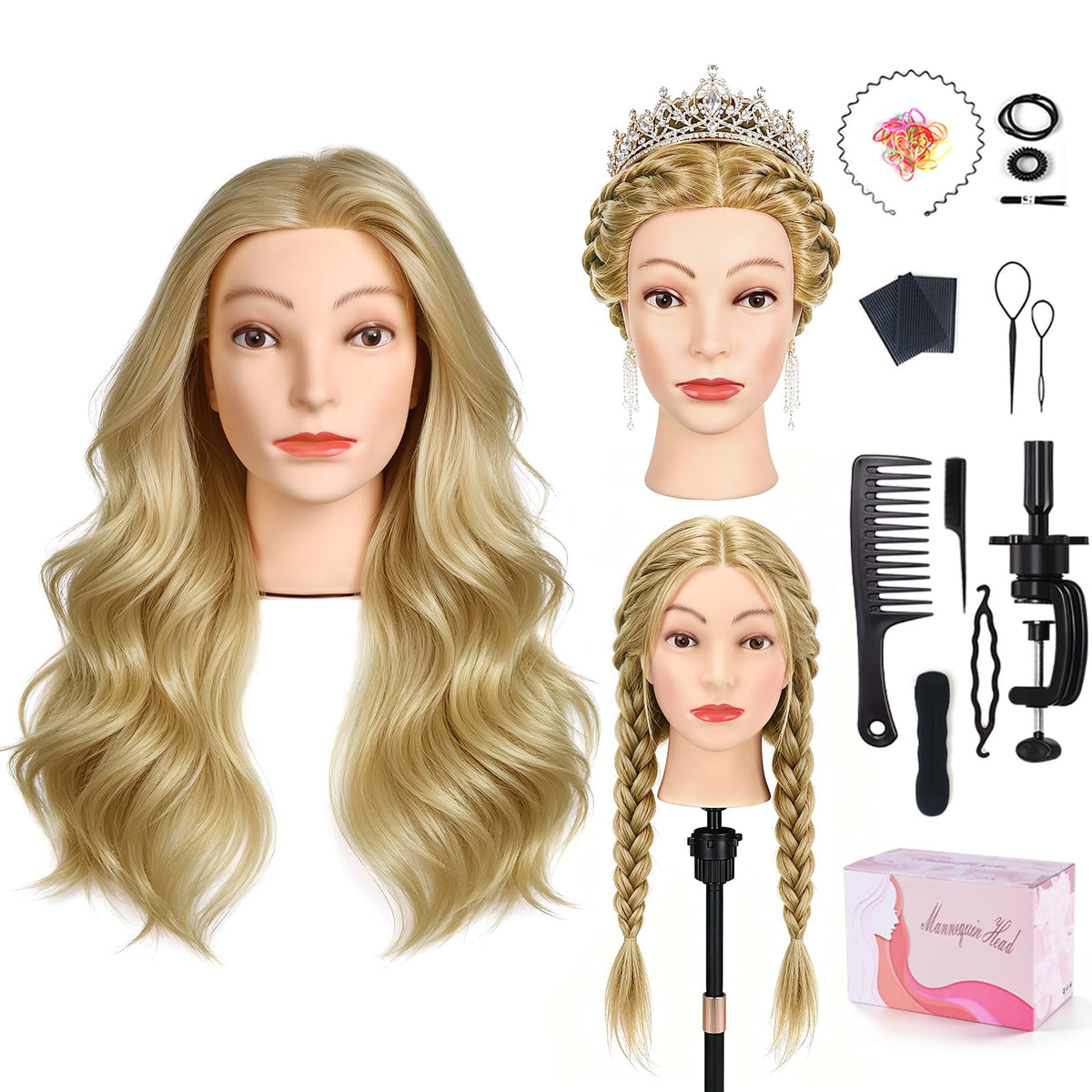 Mannequin Head with 100% Human Hair, TopDirect Real Hair Cosmetology Mannequin Head Hair Styling Hairdressing Practice Training Doll Head with Clamp Holder and Tools (Dark Brown)