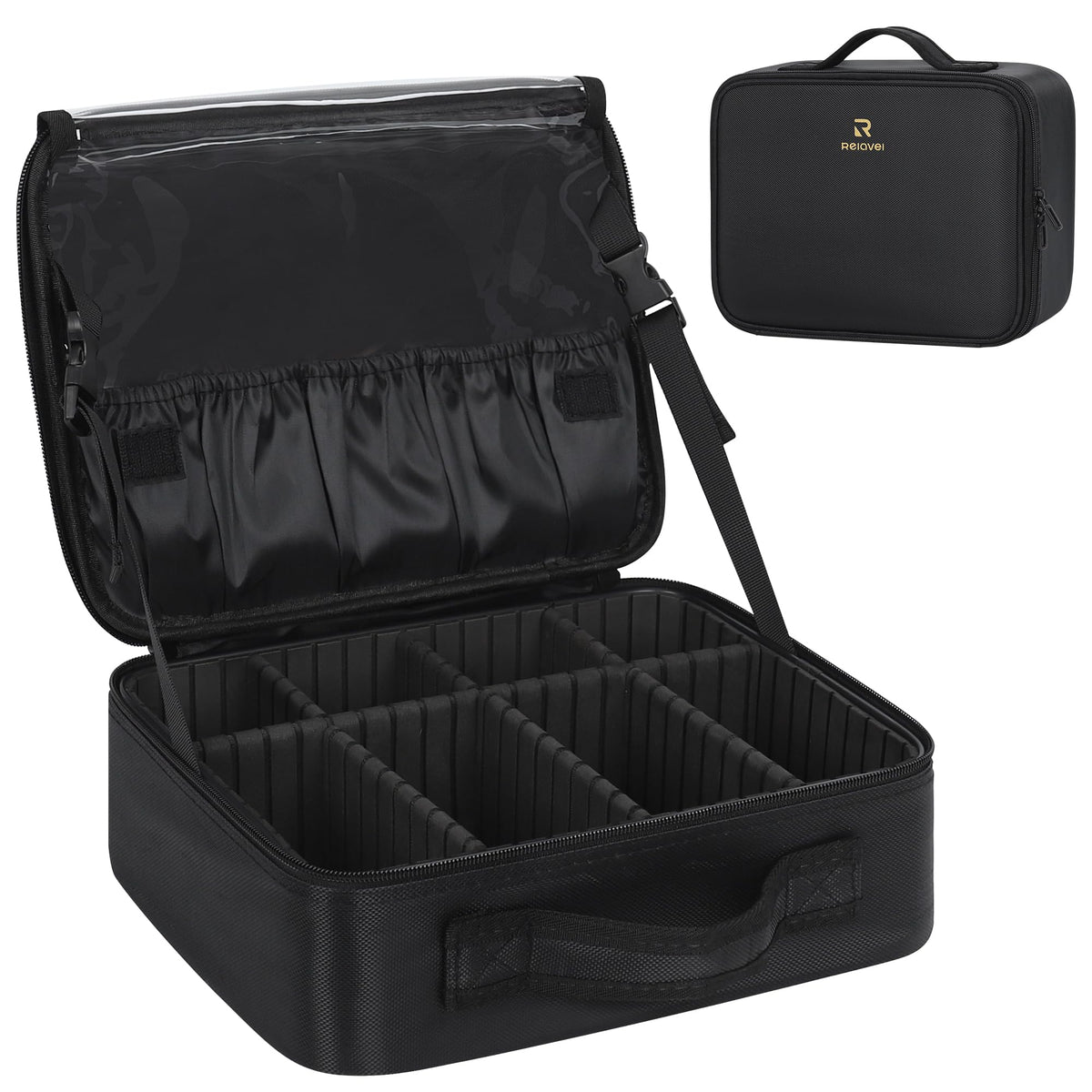 Relavel Makeup Case Large Makeup Bag Professional Train Case 16.5 inches Travel Cosmetic Organizer Brush Holder Waterproof Makeup Artist Storage Box, 3 Layer Large Capacity, with Adjustable Strap