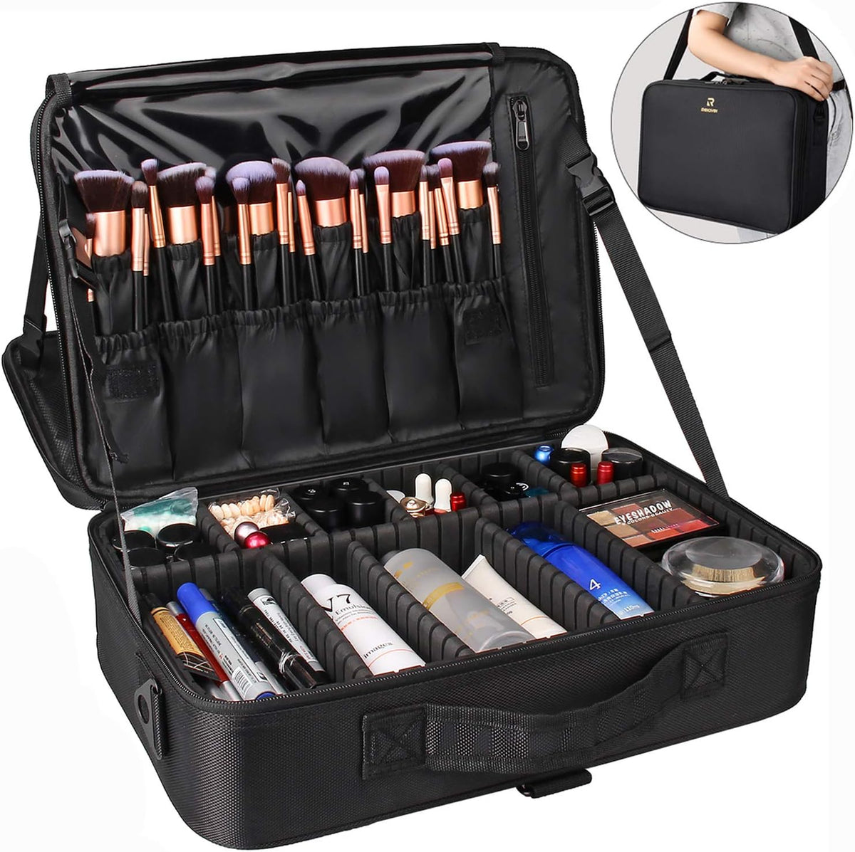 Relavel Makeup Case Large Makeup Bag Professional Train Case 16.5 inches Travel Cosmetic Organizer Brush Holder Waterproof Makeup Artist Storage Box, 3 Layer Large Capacity, with Adjustable Strap