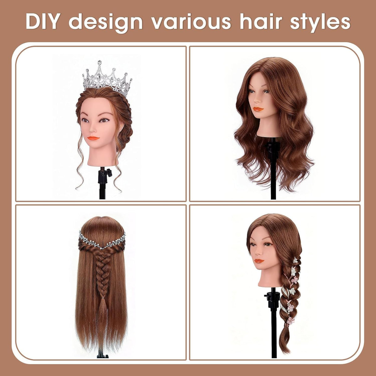 Mannequin Head with 100% Human Hair, TopDirect Real Hair Cosmetology Mannequin Head Hair Styling Hairdressing Practice Training Doll Head with Clamp Holder and Tools (Dark Brown)