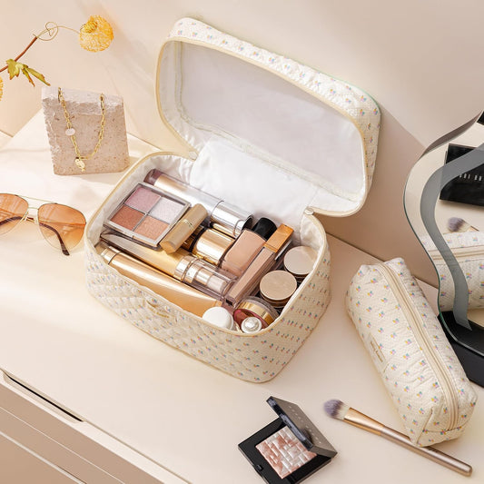 HBselect Quilted Makeup Bag, 3Pcs Cotton Large Travel Makeup Bags Organizer