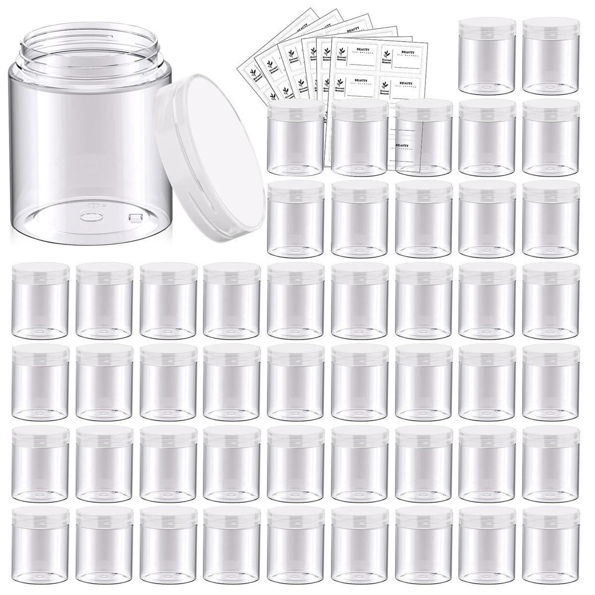 4 OZ Plastic Jars with Black Lids 50 Pack Round Clear Cosmetic Container, Eternal Moment Slime Jars for Lotion, Cream, Ointments, Makeup, Eye shadow, Rhinestone, Samples, Pot, Travel Storage
