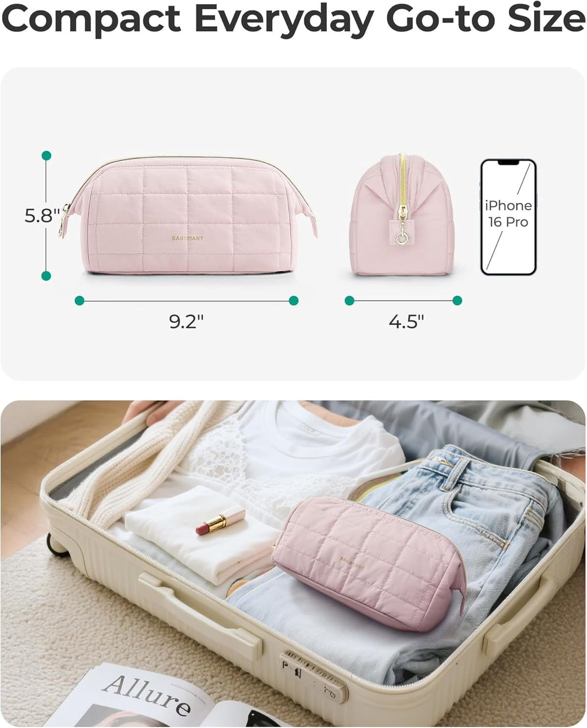 BAGSMART Makeup Bag Travel Toiletry Bag, Wide-open Zipper Pouch, Pink