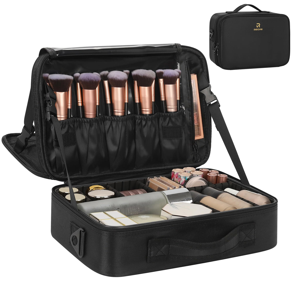 Relavel Travel Makeup Train Case Makeup Cosmetic Case Organizer Portable Artist Storage Bag with Adjustable Dividers for Cosmetics Makeup Brushes Toiletry Jewelry Digital Accessories Black