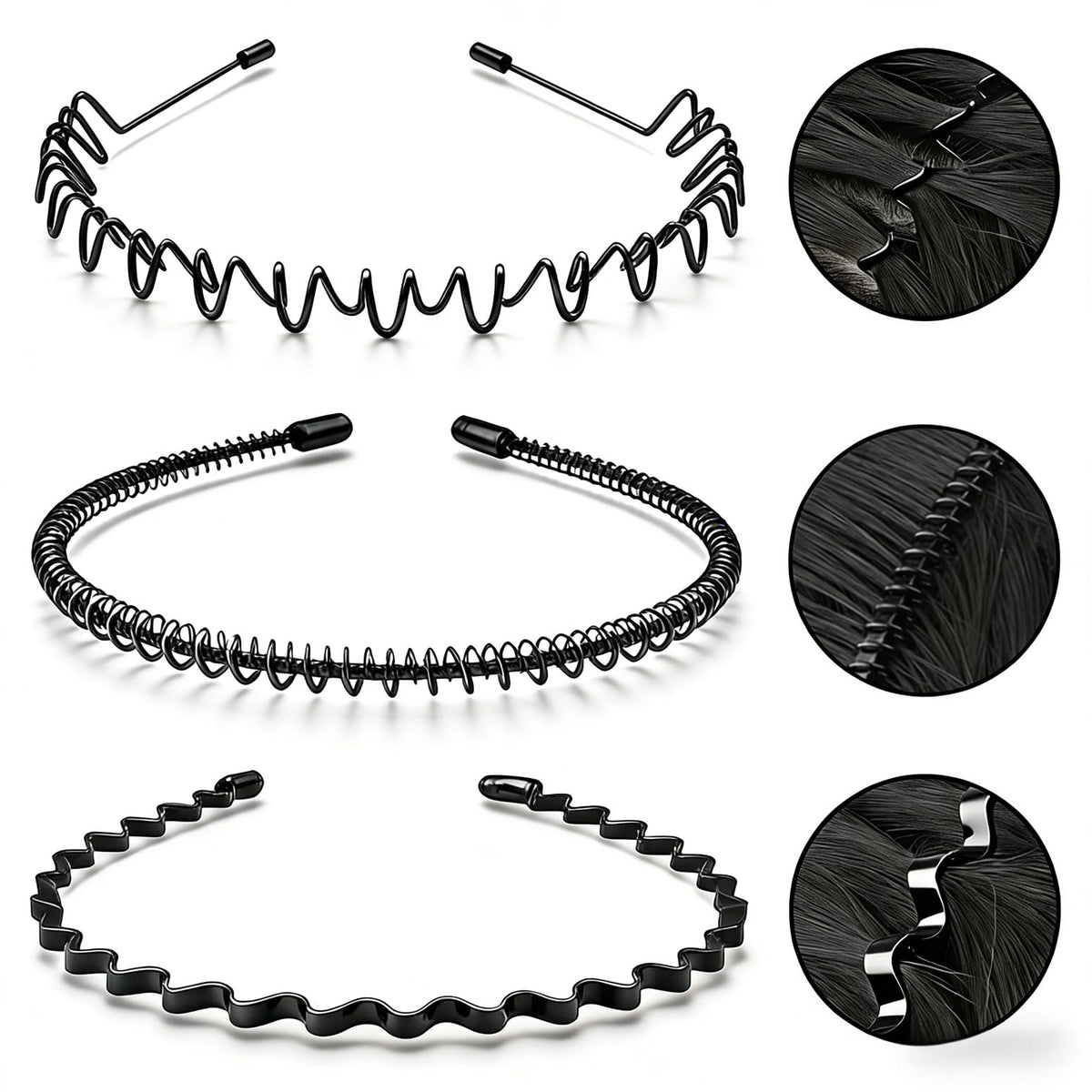 Metal Headband for Men, Non Slip Wave Hair Band, Flex Grip 6 Pcs