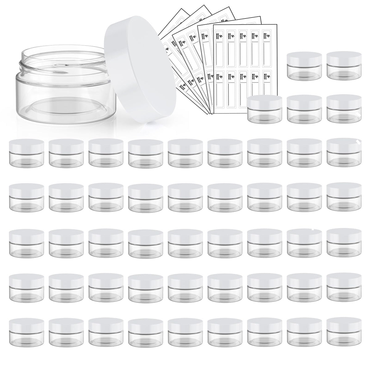4 OZ Plastic Jars with Black Lids 50 Pack Round Clear Cosmetic Container, Eternal Moment Slime Jars for Lotion, Cream, Ointments, Makeup, Eye shadow, Rhinestone, Samples, Pot, Travel Storage