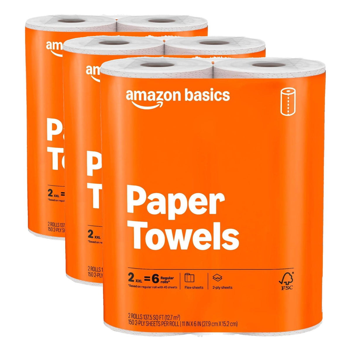 Amazon Basics 2-Ply Flex-Sheets Paper Towels, 12 Basics Rolls = 40 Regular Rolls, Everyday Value with 150 Sheets per Roll, Packaging May Vary