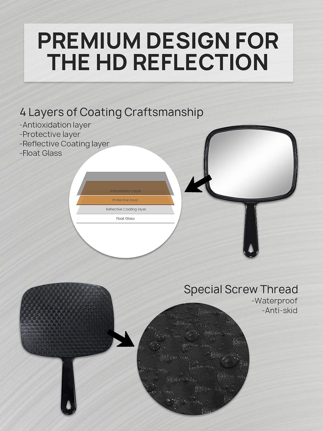 OMIRO 9.3" L x 6.6" W Hand Mirror, All Black Handheld Mirror with Handle