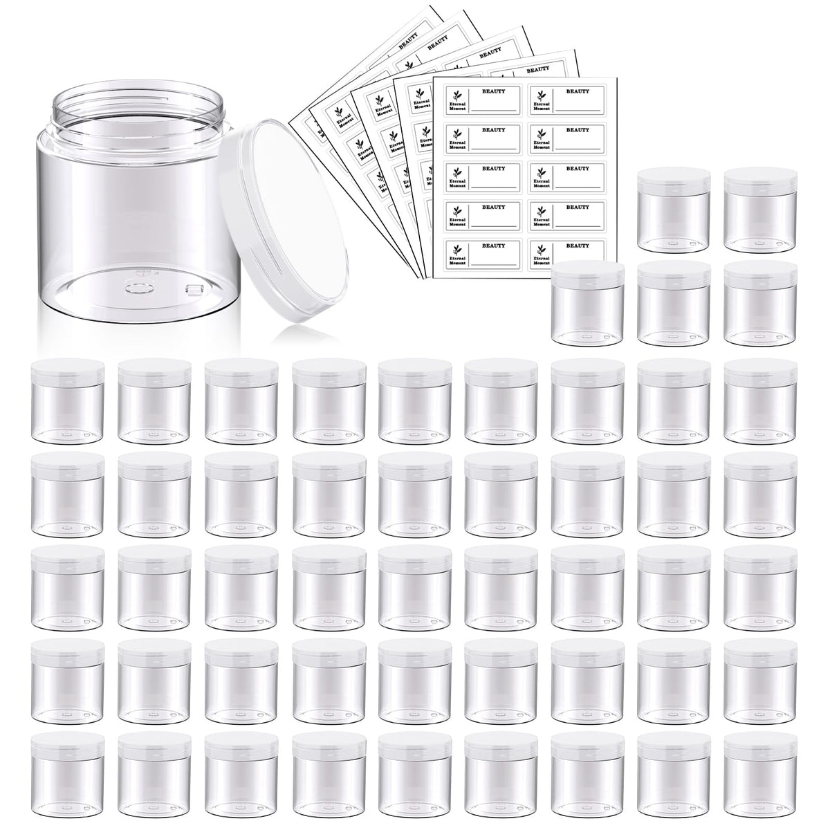 4 OZ Plastic Jars with Black Lids 50 Pack Round Clear Cosmetic Container, Eternal Moment Slime Jars for Lotion, Cream, Ointments, Makeup, Eye shadow, Rhinestone, Samples, Pot, Travel Storage