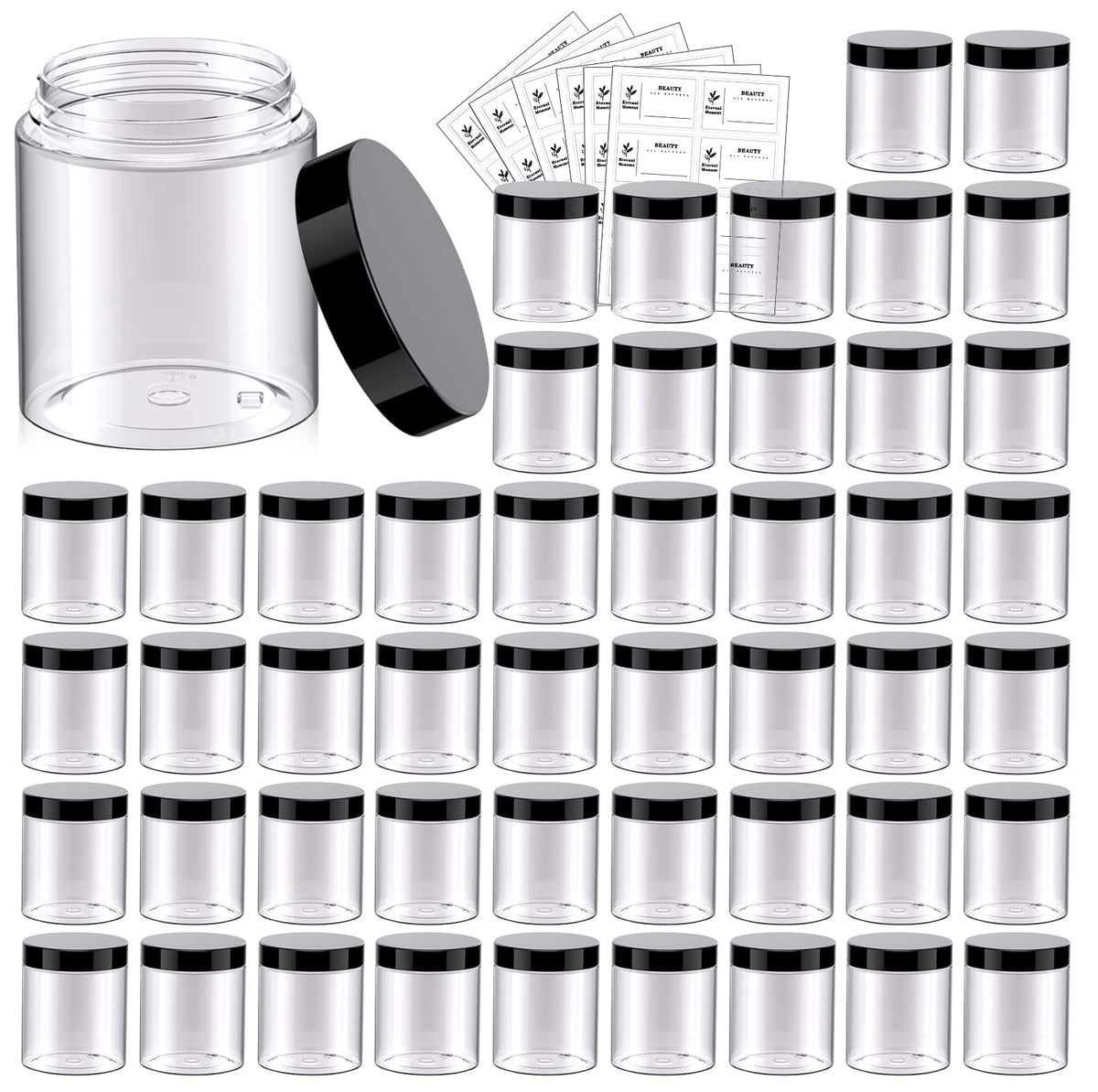 4 OZ Plastic Jars with Black Lids 50 Pack Round Clear Cosmetic Container, Eternal Moment Slime Jars for Lotion, Cream, Ointments, Makeup, Eye shadow, Rhinestone, Samples, Pot, Travel Storage