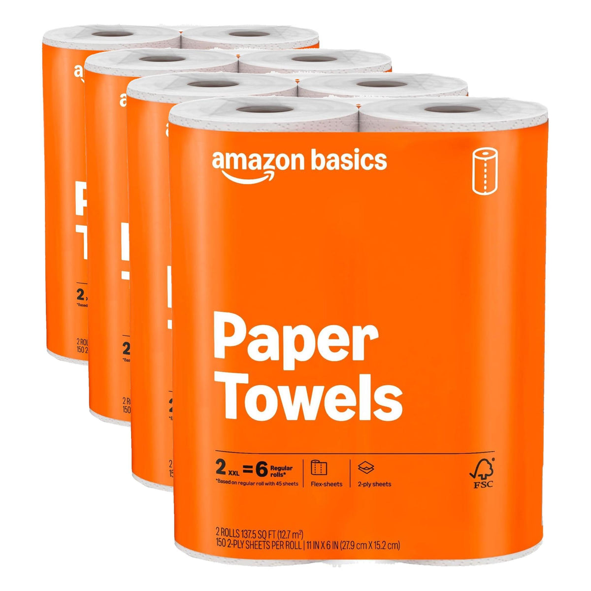 Amazon Basics 2-Ply Flex-Sheets Paper Towels, 12 Basics Rolls = 40 Regular Rolls, Everyday Value with 150 Sheets per Roll, Packaging May Vary