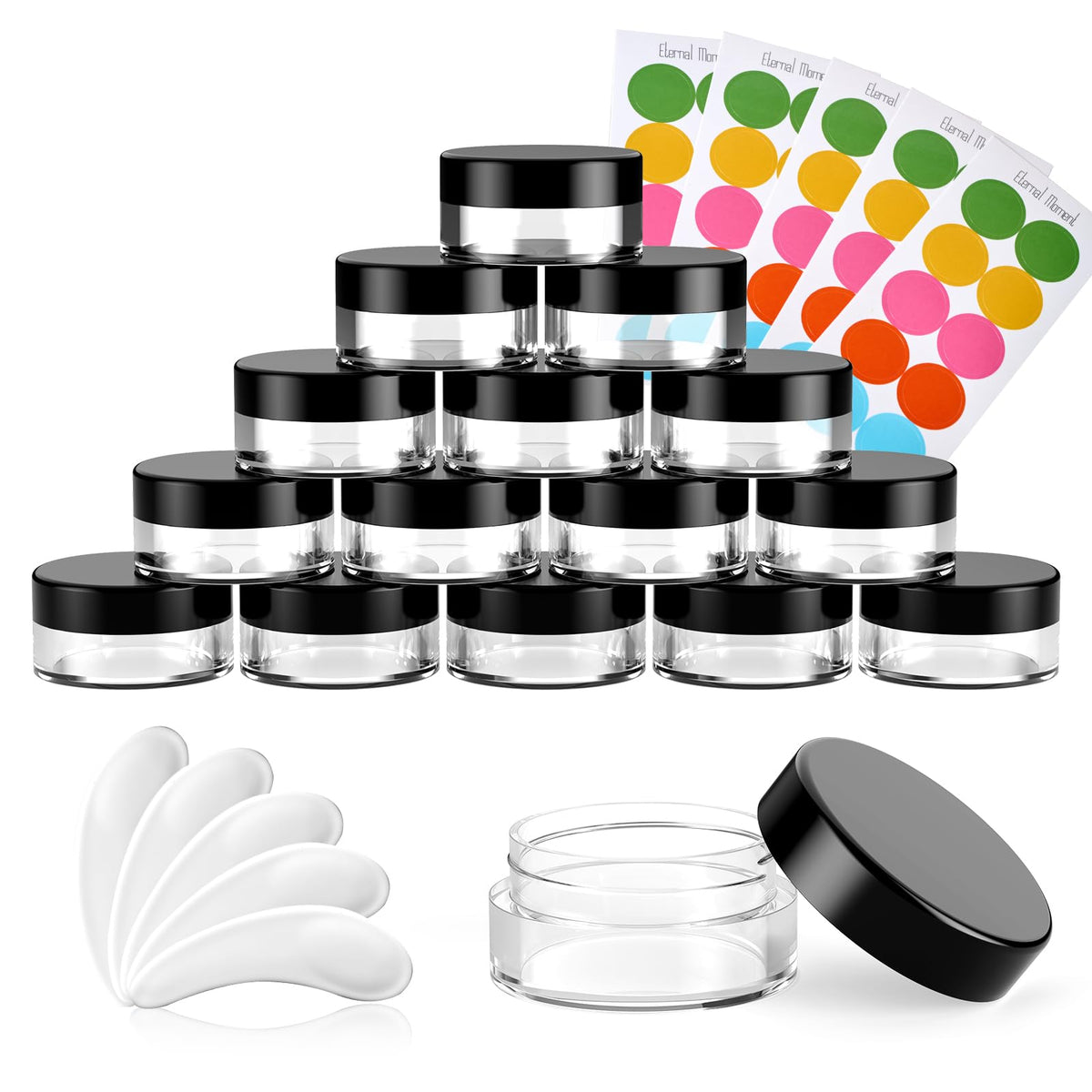 4 OZ Plastic Jars with Black Lids 50 Pack Round Clear Cosmetic Container, Eternal Moment Slime Jars for Lotion, Cream, Ointments, Makeup, Eye shadow, Rhinestone, Samples, Pot, Travel Storage