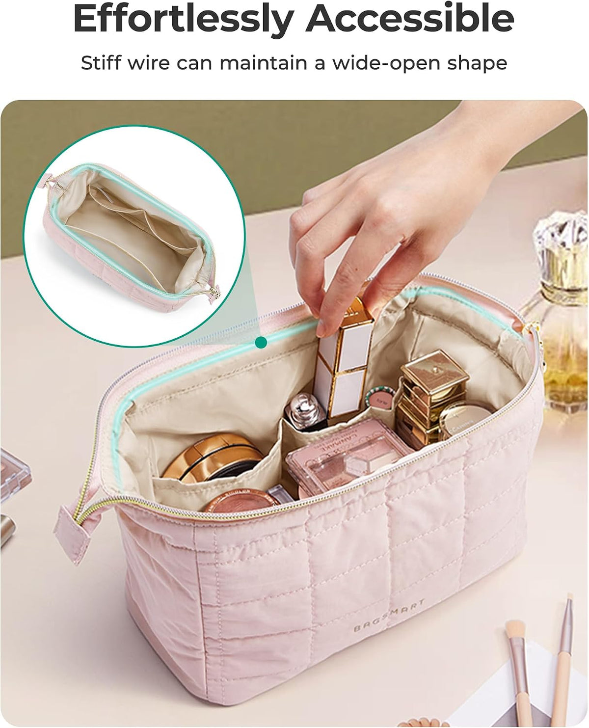 BAGSMART Makeup Bag Travel Toiletry Bag, Wide-open Zipper Pouch, Pink